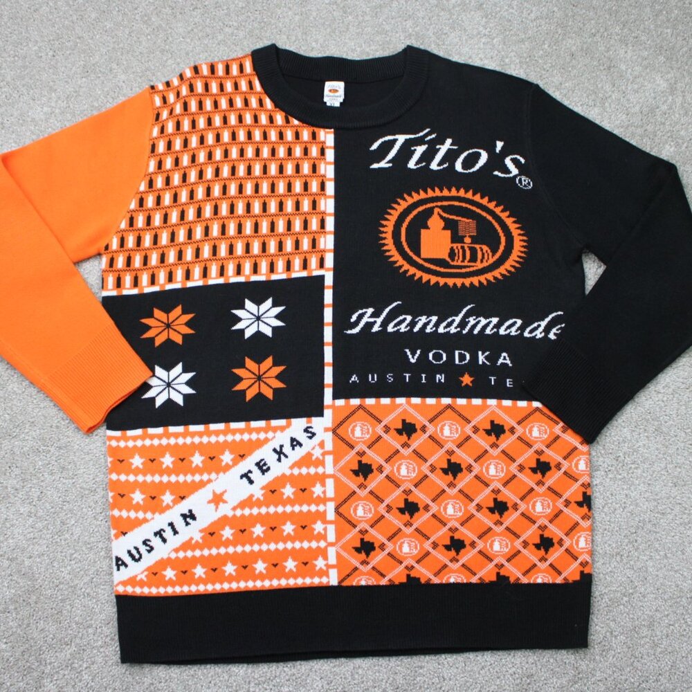 Tito's‎ Vodka Sweater Mens XL Orange & Black Ugly Christmas Holiday L/S Crewneck